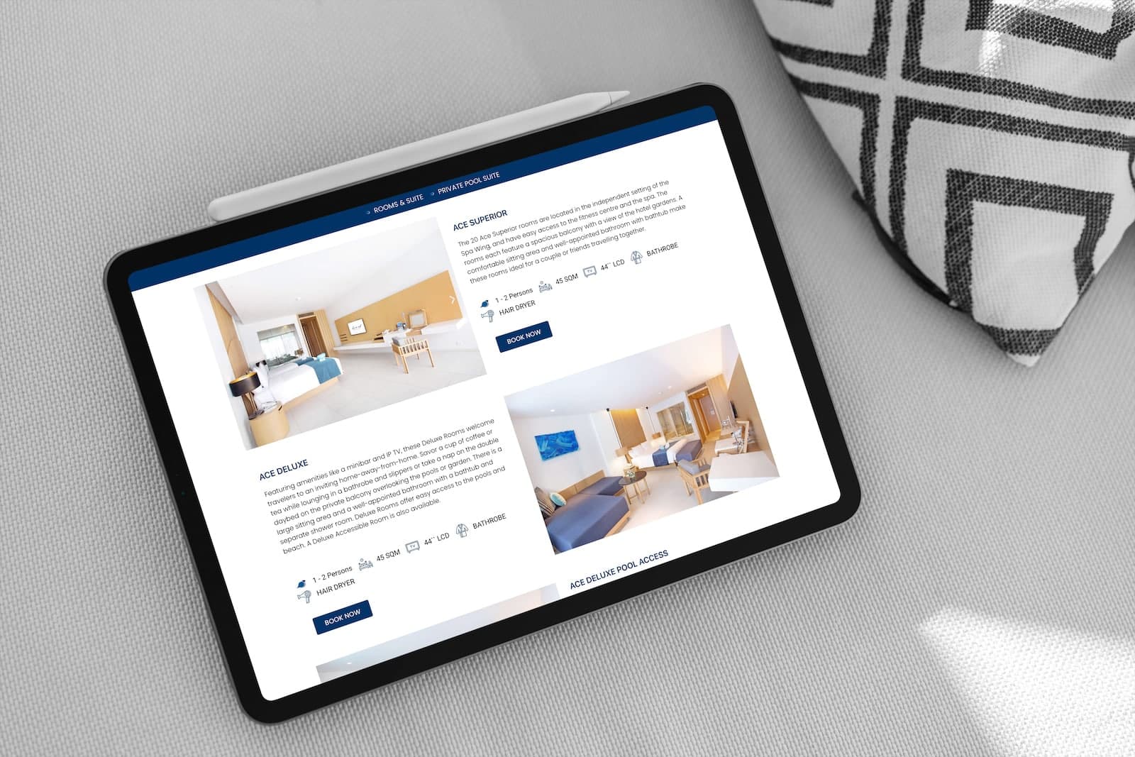 Hotel website design showcase – Accommodation page (variant)