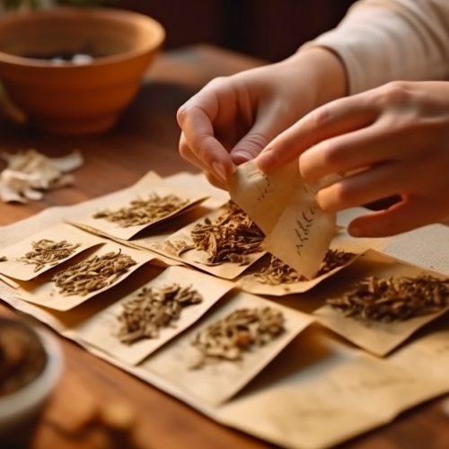 Chinese medicine practitioner's hands wrapping dry treatment components in a paper sheet, artificial intelligence